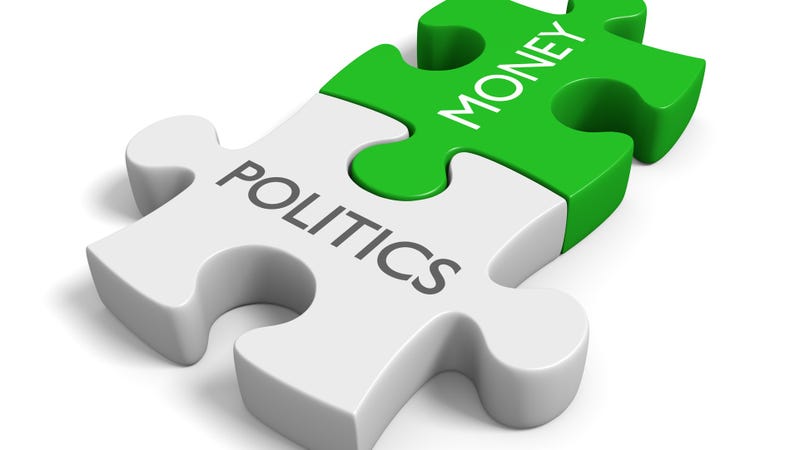Two connected puzzle pieces with the words politics and money