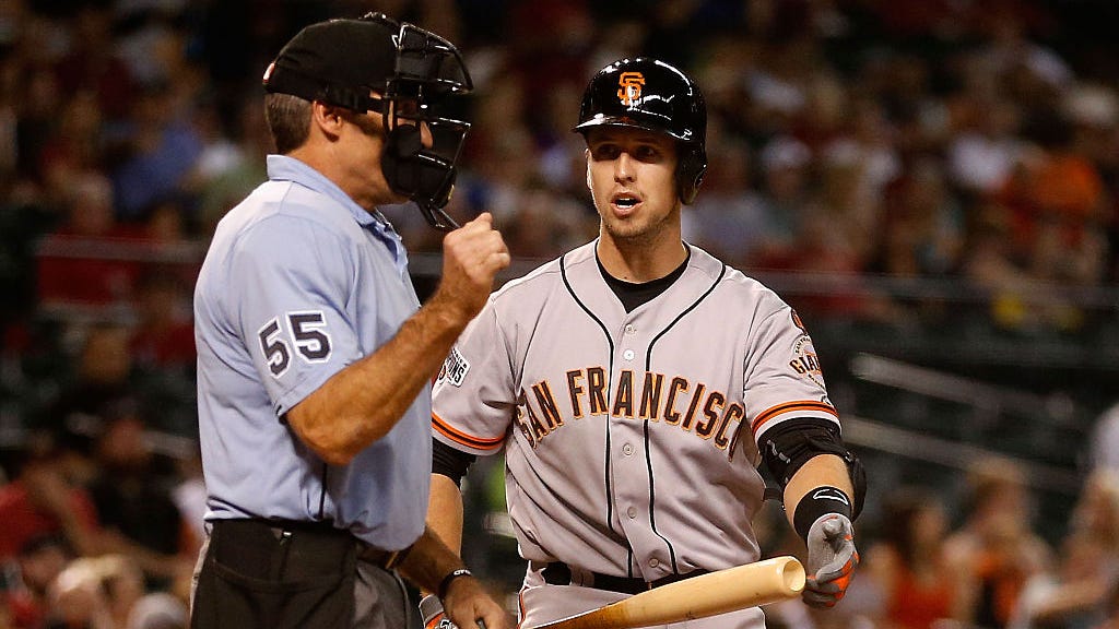 Angel Hernandez calls third strike on Buster Posey on ball 4 inches outside zone