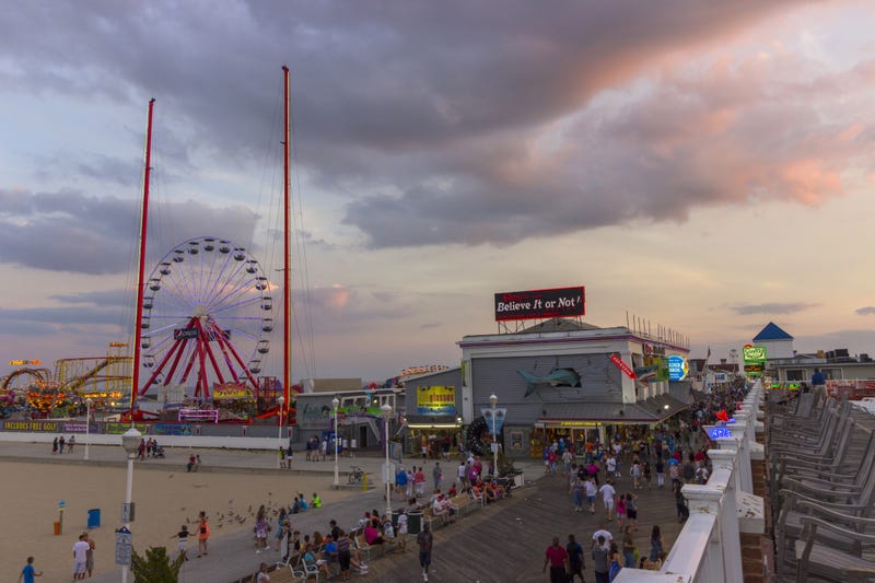 Ocean city, Maryland boardwalk and pier at a beautiful sunset in August 2015