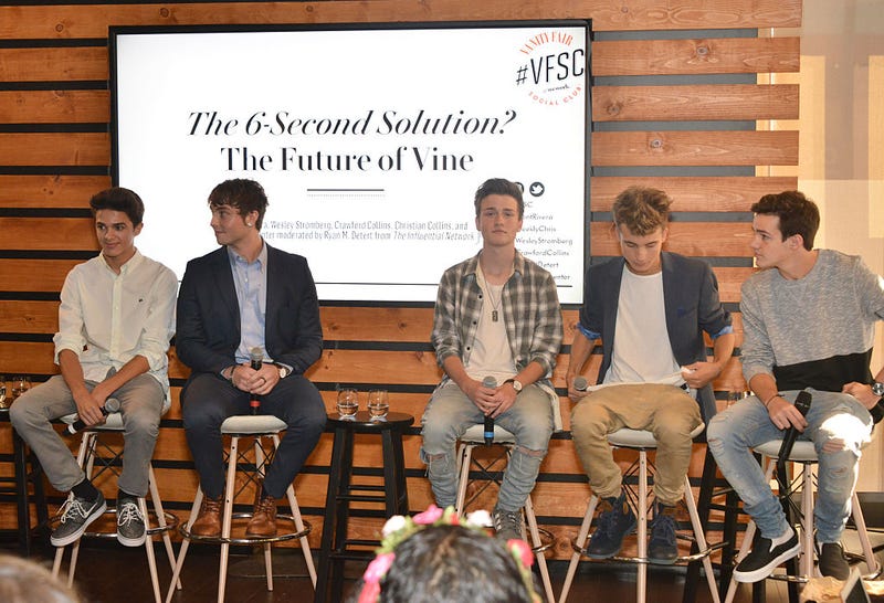 Social media influencers Brent Rivera, Wesley Stromberg, Crawford Collins, Christian Collins, and Aaron Carpenter speak onstage during Vanity Fair Social Club's "The Future of Vine" panel at WeWork on September 20, 2015 in Los Angeles, California. Vine would be shut down the following year.