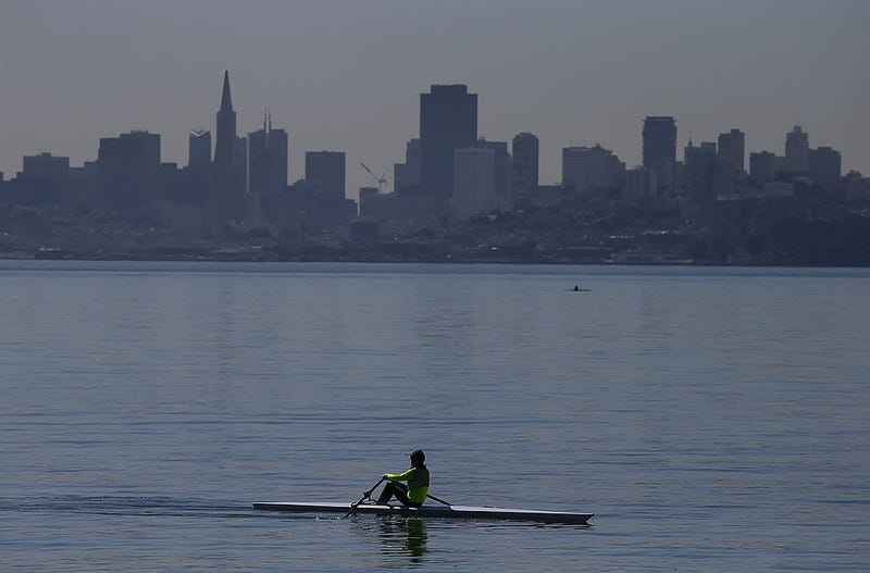 A rower navigates the San Francisco Bay on May 13, 2014 near Sausalito, California.