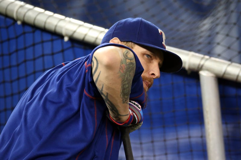 Josh Hamilton #32 of the Texas Rangers looks on during batting practice prior to game one of the American League Division Series against the Toronto Blue Jays at Rogers Centre on October 8, 2015 in Toronto, Ontario, Canada.