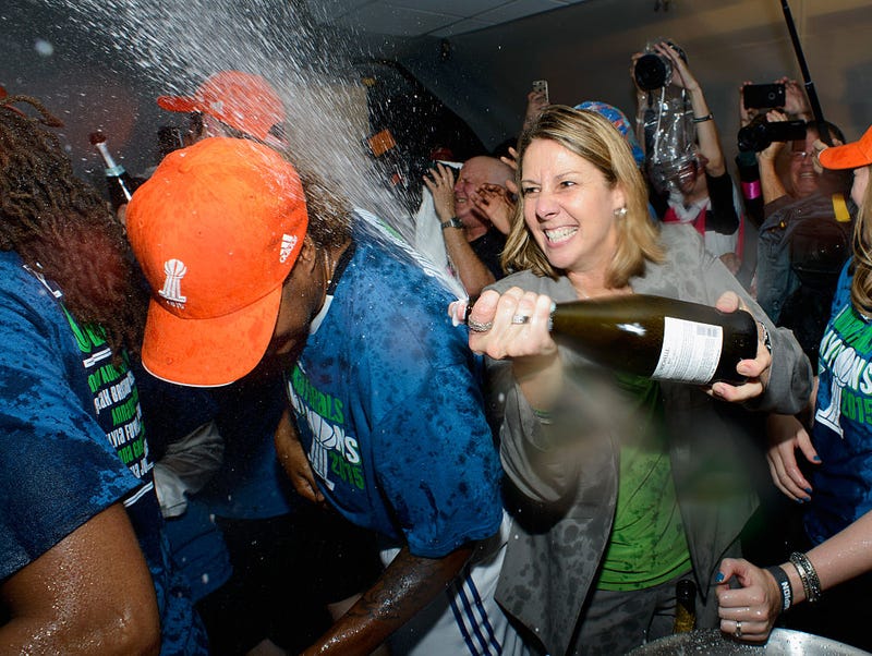 Head coach Cheryl Reeve of the Minnesota Lynx celebrates a win in Game Five of the 2015 WNBA Finals against the Indiana Fever on October 14, 2015 at Target Center in Minneapolis, Minnesota.