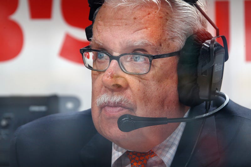 Philadelphia Flyers public address announcer Lou Nolan handles duties during the game against the Chicago Blackhawks at the Wells Fargo Center on October 14, 2015.