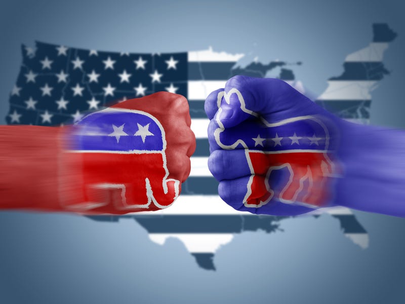 Democrats battle Republicans with a map of the U.S. in the background