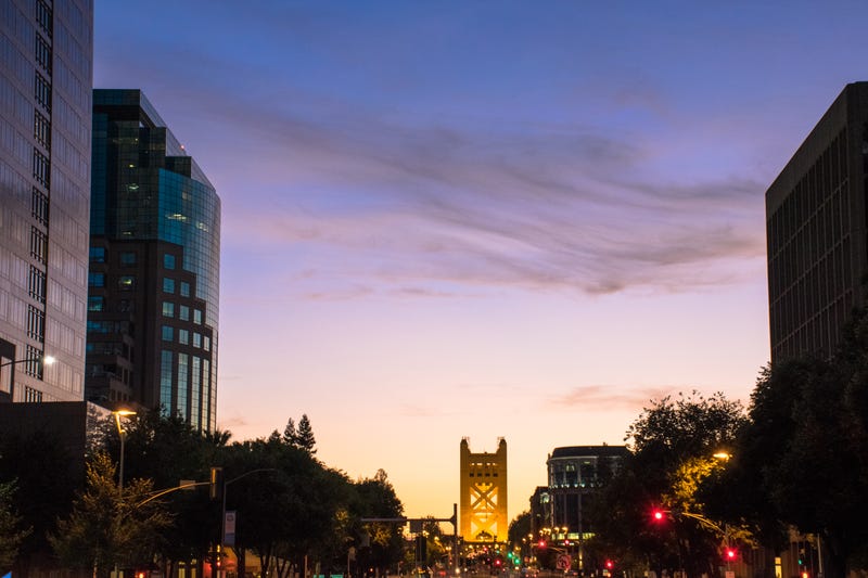 Downtown Sacramento and Tower Bridge at dusk
