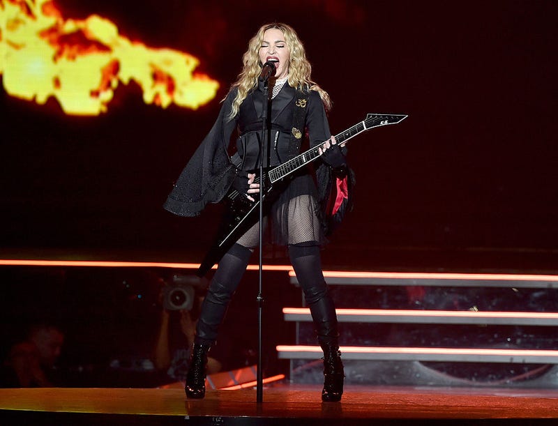 Singer Madonna performs during her 'Rebel Heart' tour at the Forum on October 27, 2015 in Inglewood, California.