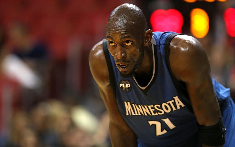 Kevin Garnett #21 of the Minnesota Timberwolves looks on during a game against the Miami Heat at American Airlines Arena on November 17, 2015 in Miami, Florida. 