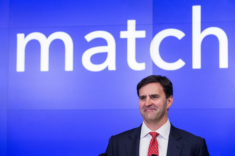 Greg Blatt, chairmain of Match Group, celebrates the company's initial public offering (IPO) at the NASDAQ stock exchange on November 20, 2015 in New York City. The company began trading on the NASDAQ yesterday morning with an IPO of $12 per share. (Photo by Andrew Burton/Getty Images)