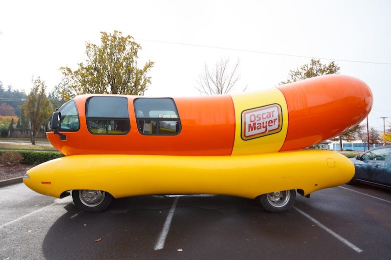 Oscar Mayer Wienermobile in a parking lot