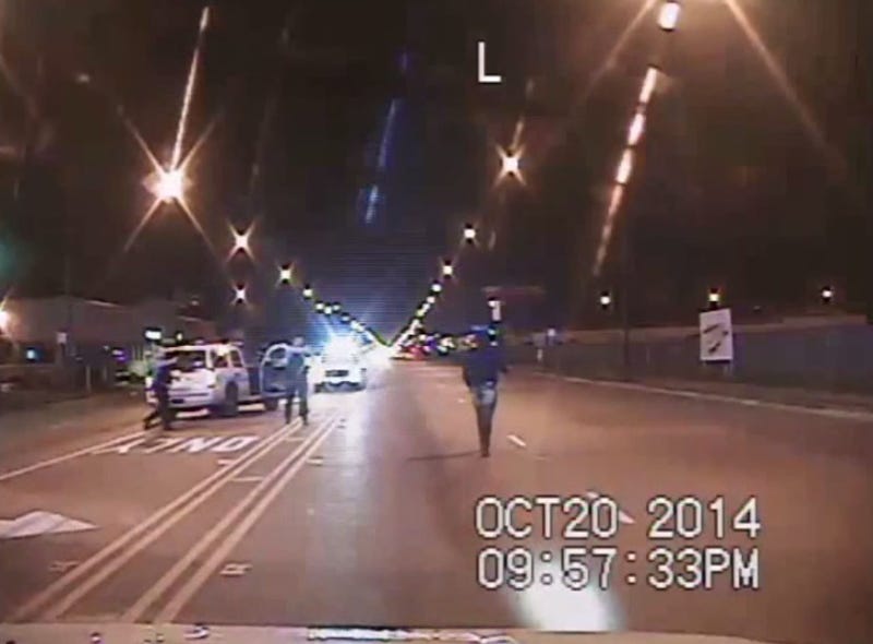 In this still image taken from a police vehicle dash camera, Laquan McDonald walks up a street just prior to being shot by Chicago Police Officer Jason Van Dyke on Oct. 20, 2014, in Chicago. Officer Van Dyke was charged with first degree murder for the shooting, in which McDonald was hit with 16 bullets.