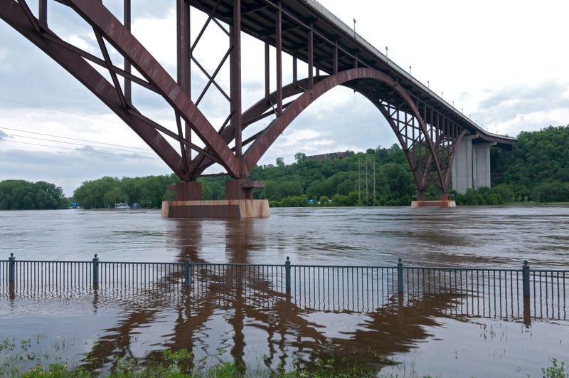 Flooded Mississippi River and High Bridge in Saint Paul, Minnesota.