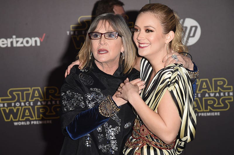 HOLLYWOOD, CA - DECEMBER 14: Actresses Carrie Fisher (L) and Billie Lourd attend the Premiere of Walt Disney Pictures and Lucasfilm's "Star Wars: The Force Awakens" on December 14, 2015 in Hollywood, California.