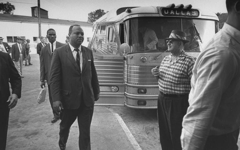 Rev. Ralph Abernathy arriving in Jackson, Mississippi, after a Freedom Riders' bus trip from Montgomery, Alabama