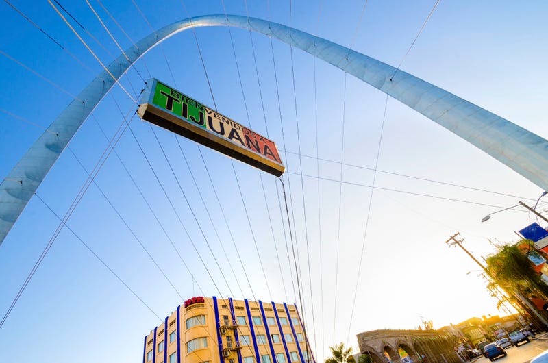 The Millennial Arch (Arco y Reloj Monumental), a metallic steel arch at the entrance of the city of Tijuana in Mexico, at zona centro a symbol of union and vigor to the new millennium and a landmark that welcomes tourists in Avenida de revolucion with a sign that reads Bienvenidos a Tijuana.