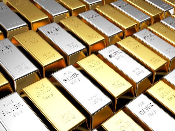 Rows of gold and silver bars