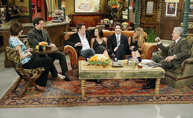 The cast of "Friends", actors Lisa Kudrow, Matt LeBlanc, Matthew Perry, Courteney Cox-Arquette, David Schwimmer and Jennifer Aniston sat down with Jay Leno for a special "Tonight Show," on the set of Central Perk on May 6, 2004 in Los Angeles, California. 