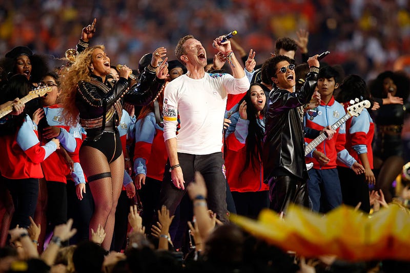 Beyonce, Chris Martin of Coldplay, and Bruno Mars perform during the Pepsi Super Bowl 50 Halftime Show at Levi's Stadium on February 7, 2016 in Santa Clara, California. 