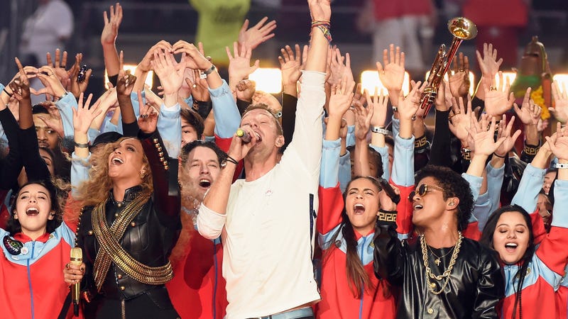 Beyonce, Chris Martin of Coldplay, and Bruno Mars
