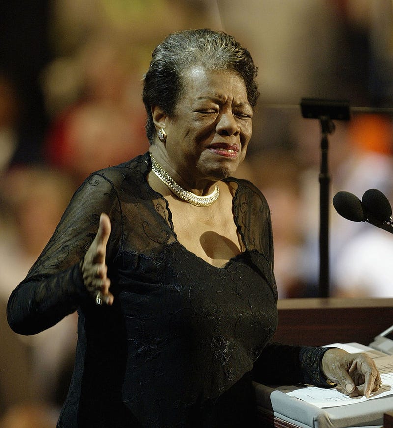 Poet and activist Maya Angelou speaks to delegates at the Democratic National Convention July 27, 2004 at FleetCenter in Boston, Massachusetts. In 2022, Angelou became the first Black woman to appear on U.S. currency. (Photo by Scott Olson/Getty Images)
