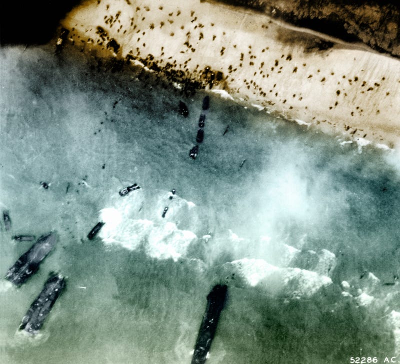 An aerial view of the first landing of Allied soldiers at Utah Beach on June 6, 1944