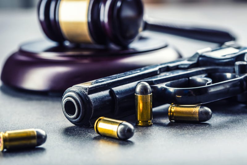 A firearm and gavel depicting gun laws. 