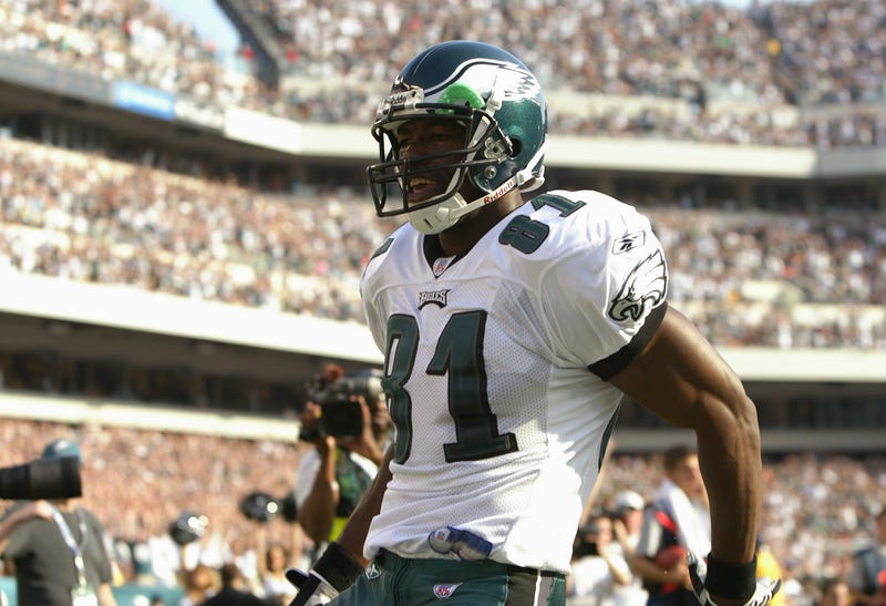 Terrell Owens of the Philadelphia Eagles celebrates his 20-yard touchdown reception in the corner of the end zone against the New York Giants at 6:24 of the first quarter of the game on Sept. 12, 2004 at Lincoln Financial Field in Philadelphia, Pennsylvania. The Eagles won 31-17.