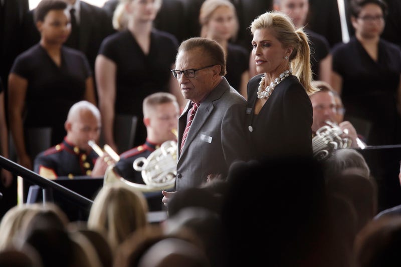 Larry King and his wife Shawn King arrive for funeral services being held for former first lady Nancy Reagan at the Ronald Reagan Presidential Library March 11, 2016 in Simi Valley.