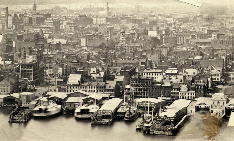 Overhead view of New York in the early 1860s. As the wharves of Lower Manhattan boomed with commerce, so did brothels and unregulated sex