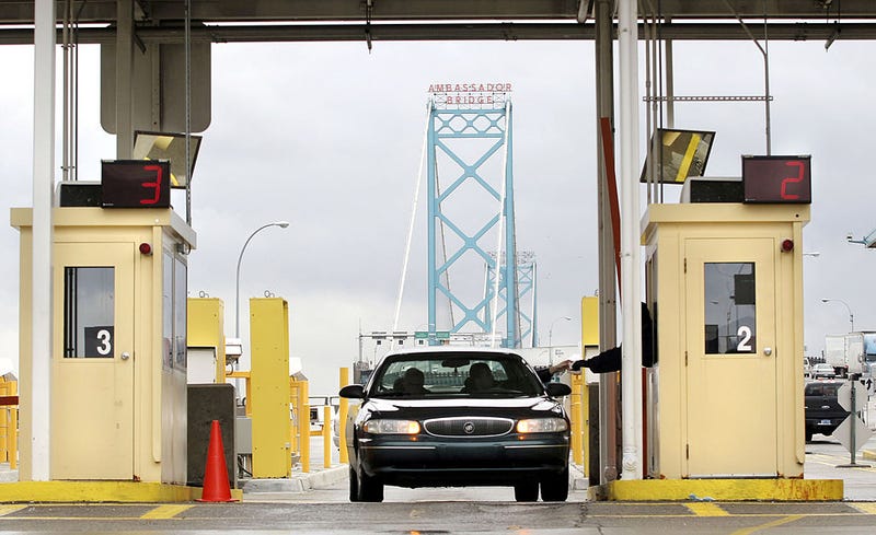 Vehicles enter the United States from Canada across the Ambassador Bridge at a U.S. Customs port of entry
