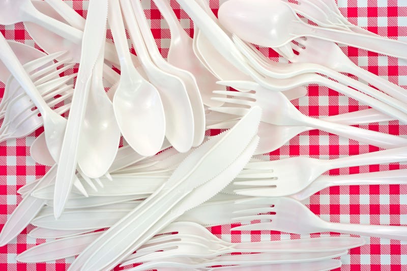 File photo of plastic forks, spoons and knives on a red checkered table cloth.
