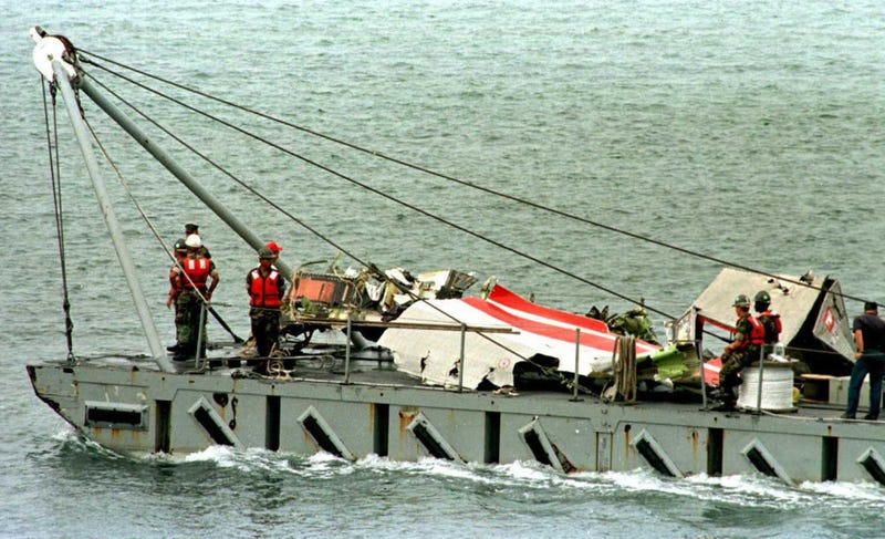 Wreckage from TWA's flight 800 is brought to the Shinnecock, New York, Coast Guard Station after being recovered from the ocean floor July 29, 1996, off the coast of Long Island, New York.