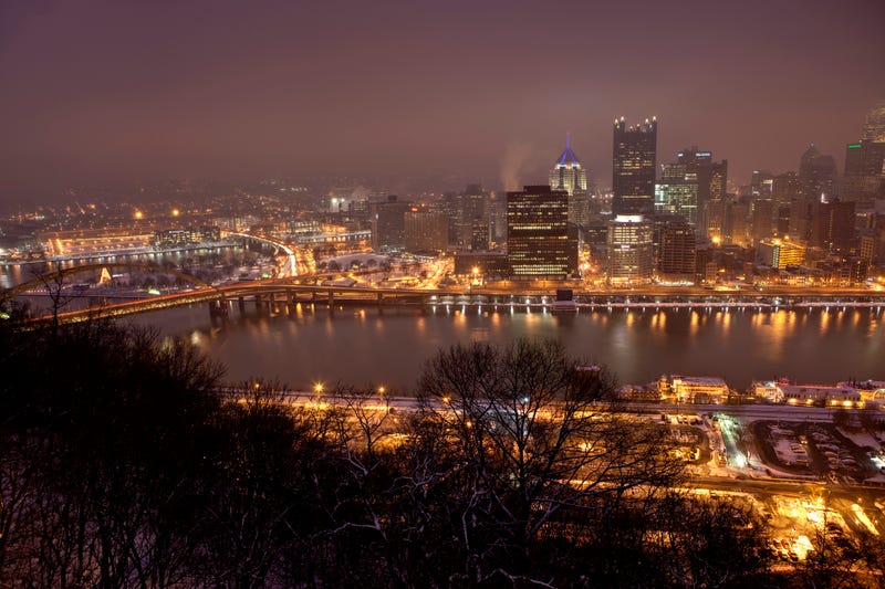 Pittsburgh in the winter, at night