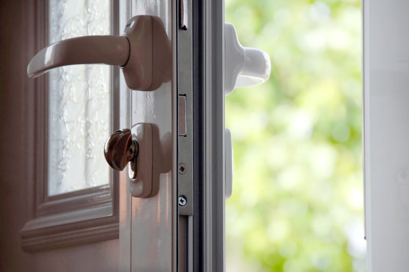 Opened door to blur green natural background.