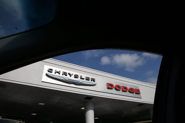 A Chrysler and Dodge sign is seen on a dealership as Fiat Chrysler Automobiles announced that it is recalling more than 1.1 million cars and SUVs worldwide because the vehicles may roll away after drivers exit the vehicle on April 22, 2016 in Miami, Florida. 