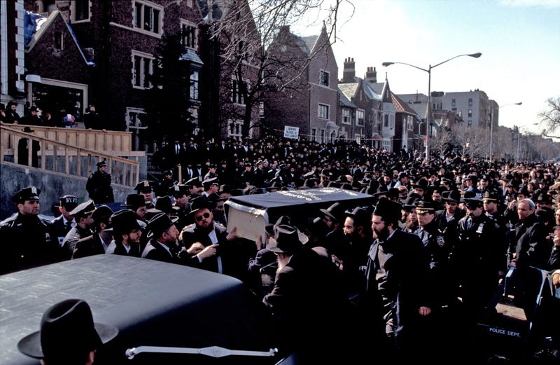 Funeral at Lubavitcher HQ for Yeshiva student Ari Halberstam, killed by a terrorist on the Brooklyn Bridge, March 6, 1994.