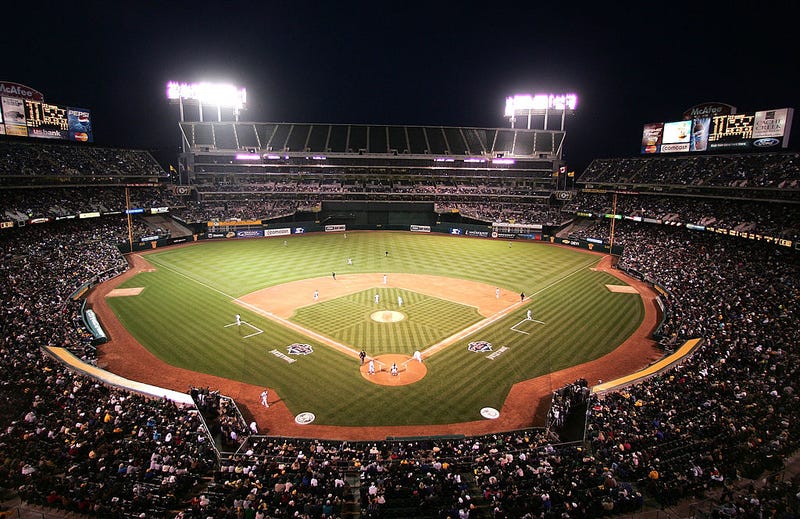 A general view of McAfee Coliseum during the Oakland Athletics and Toronto Blue Jays MLB game April 11, 2005 at the McAfee Coliseum in Oakland, California.