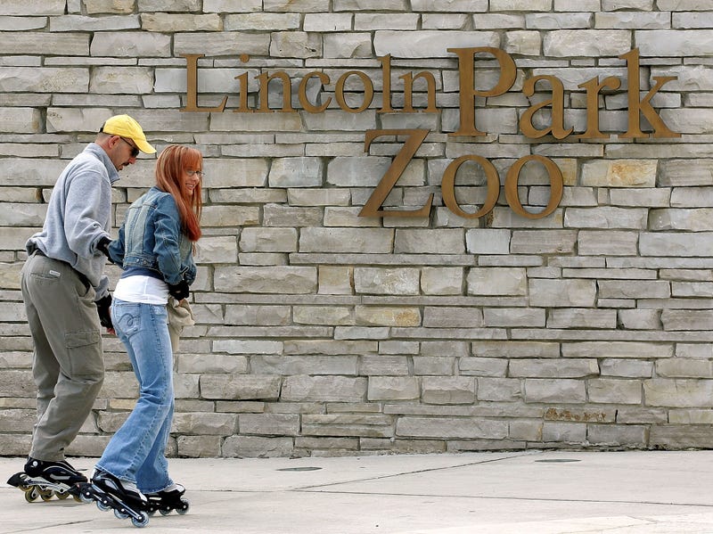 A couple skates toward an entrance to Lincoln Park Zoo May 16, 2005 in Chicago, Illinois.