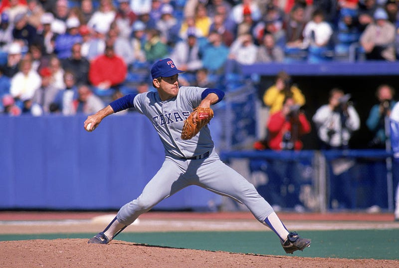 Nolan Ryan #34 of the Texas Rangers pitches during the 1989 season against the Toronto Blue Jays at Skydome in Toronto, Ontario, Canada.