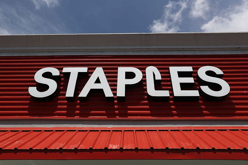 A sign is seen on a Staples store on May 11, 2016 in Miami, Florida.