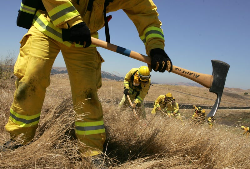 Firefighters use hand tools to create a fire line during a multi-agency wildfire drill in Dublin, California