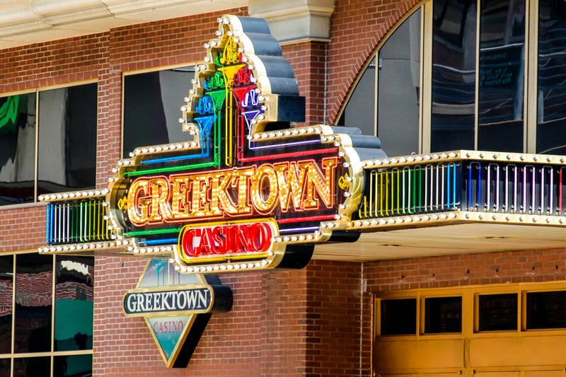 lluminated sign outside the Greektown Casino hotel in Detroit's historic district.