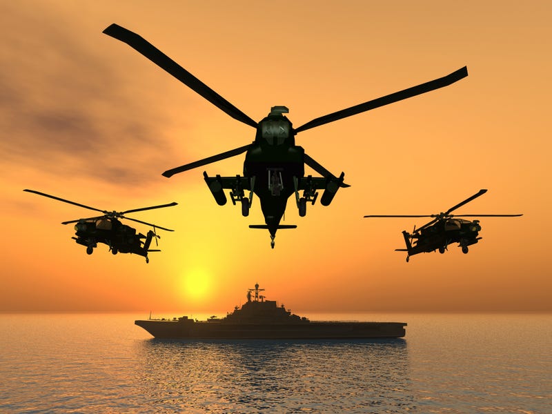 Computer generated 3D illustration with Helicopters and Aircraft Carrier