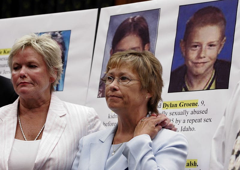 Patty Wetterling (right) participates in a rally in support of the Children's Safety Act July 26, 2005 on Capitol Hill in Washington, DC.