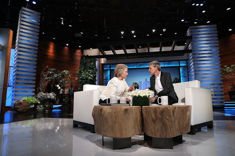 Democratic presidential candidate former Secretary of State Hillary Clinton (L) talks with Ellen DeGeneres during a taping of The Ellen DeGeneres Show on May 24, 2016 in Burbank, California.