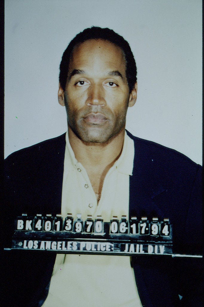 Trial of former football player and actor O.J. Simpson: mugshot. He's convicted for the murder of his wife Nicole Brown and her friend Ronald Goldman on June 12, 1994.