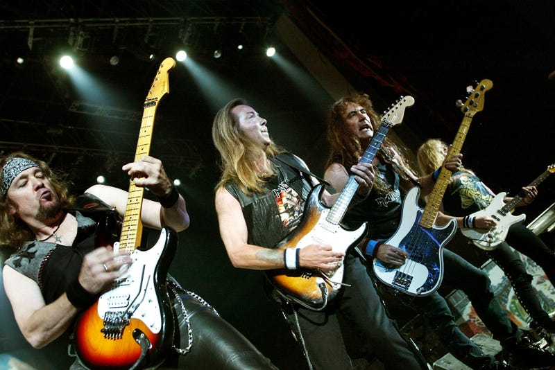 Guitarists Adrian Smith, Dave Murray, Steve Harris and Janick Gers of Iron Maiden performs at Ozzfest 2005 at the Hyundai Pavilion on August 20, 2005 in San Bernandino, California.