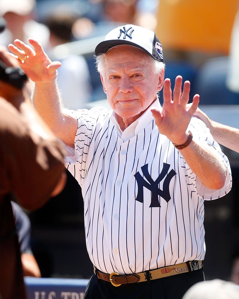 New York Yankee legend and baseball Hall of Famer Whitey Ford is introduced during the teams 70th Old Timers Day prior to the Yankees game against the Detroit Tigers at Yankee Stadium on June 12, 2016 in the Bronx borough of New York City.