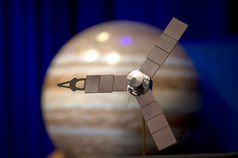 A desktop model of the Juno spacecraft is seen as NASA officials and the public look forward to the Independence Day arrival of the the Juno spacecraft to Jupiter, at JPL on June 30, 2016 in Pasadena.