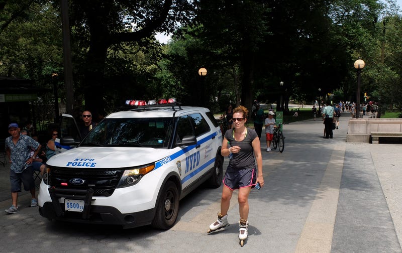 New York Police Department officers patrol in Central Park in New York City. 